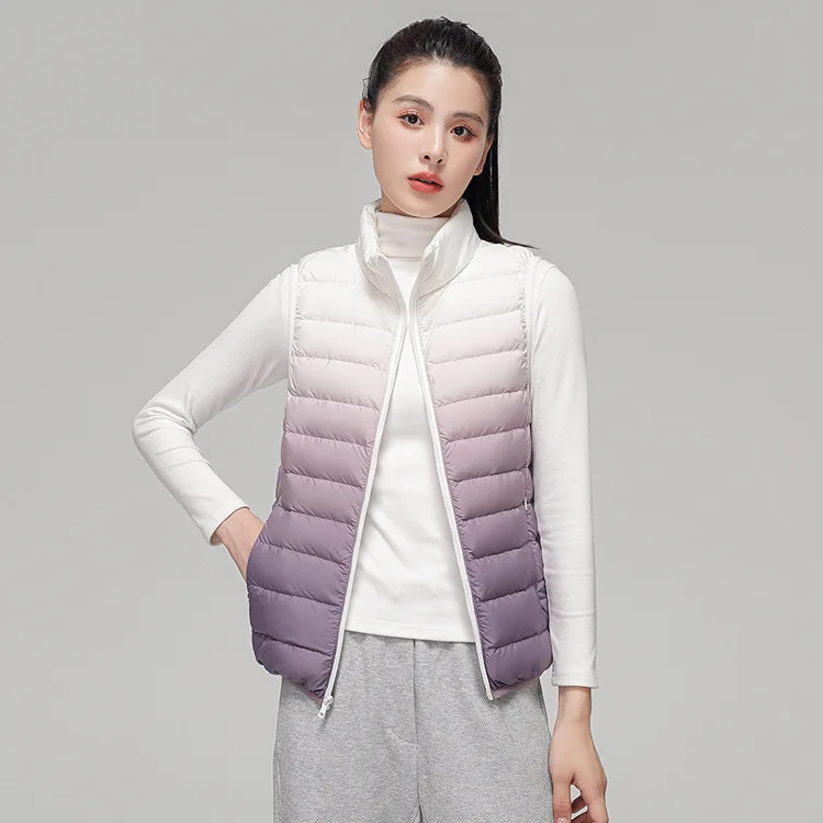 Women Novel Gradient Outwear Vest 90% White Duck Down Ultra Light Vest Female Sleeveless Warm Waistcoat