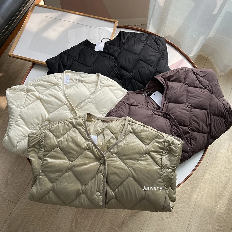 Janveny 2025 New Autumn Winter Ultra Light Collarless Soft Puffer Jacket Women Casual Loose Single Breasted 90% Duck Down Coat