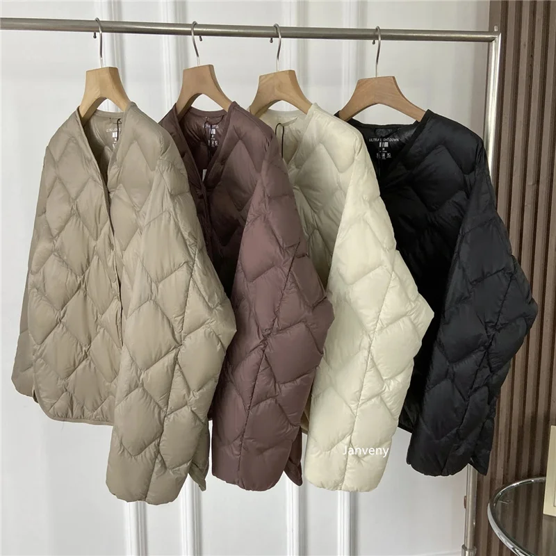 Janveny 2025 New Autumn Winter Ultra Light Collarless Soft Puffer Jacket Women Casual Loose Single Breasted 90% Duck Down Coat