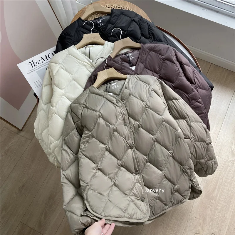 Janveny 2025 New Autumn Winter Ultra Light Collarless Soft Puffer Jacket Women Casual Loose Single Breasted 90% Duck Down Coat