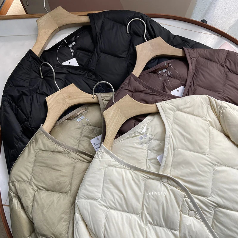 Janveny 2025 New Autumn Winter Ultra Light Collarless Soft Puffer Jacket Women Casual Loose Single Breasted 90% Duck Down Coat
