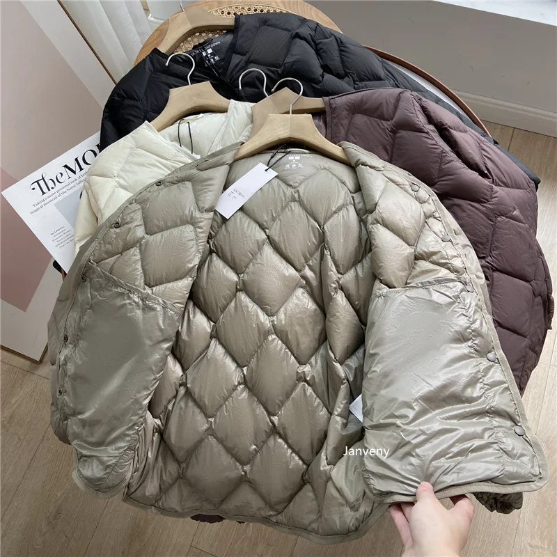 Janveny 2025 New Autumn Winter Ultra Light Collarless Soft Puffer Jacket Women Casual Loose Single Breasted 90% Duck Down Coat