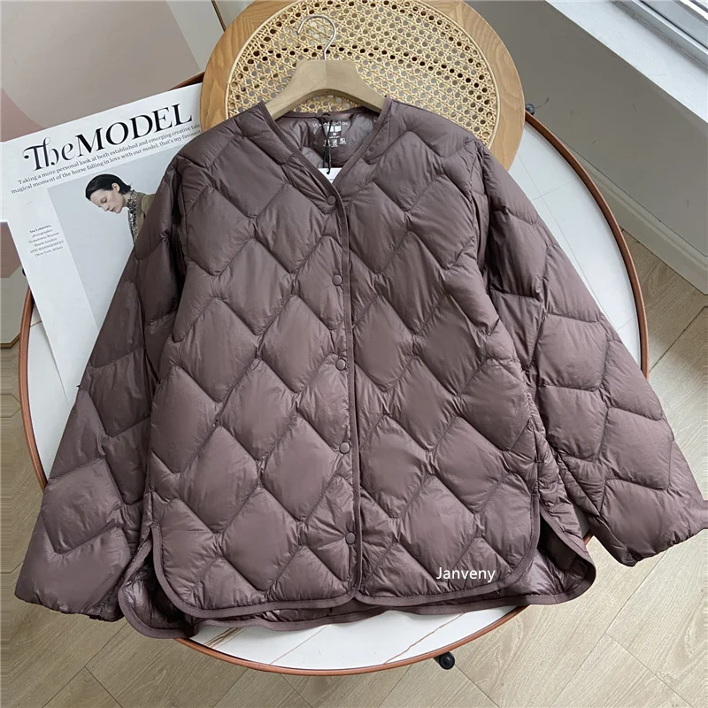 Janveny 2025 New Autumn Winter Ultra Light Collarless Soft Puffer Jacket Women Casual Loose Single Breasted 90% Duck Down Coat
