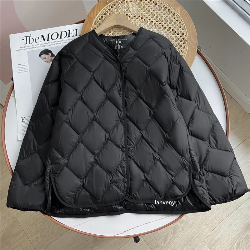 Janveny 2025 New Autumn Winter Ultra Light Collarless Soft Puffer Jacket Women Casual Loose Single Breasted 90% Duck Down Coat