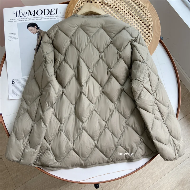 Janveny 2025 New Autumn Winter Ultra Light Collarless Soft Puffer Jacket Women Casual Loose Single Breasted 90% Duck Down Coat