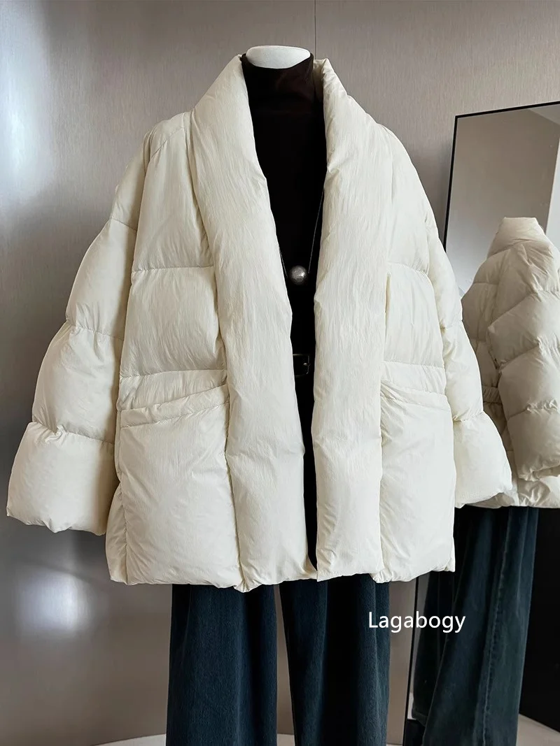 Lagabogy 2025 Winter Belt Waist-Tight Elegant Warm 90% White Duck Down Jacket Female Long Sleeve Solid Color V-neck Puffer Coat