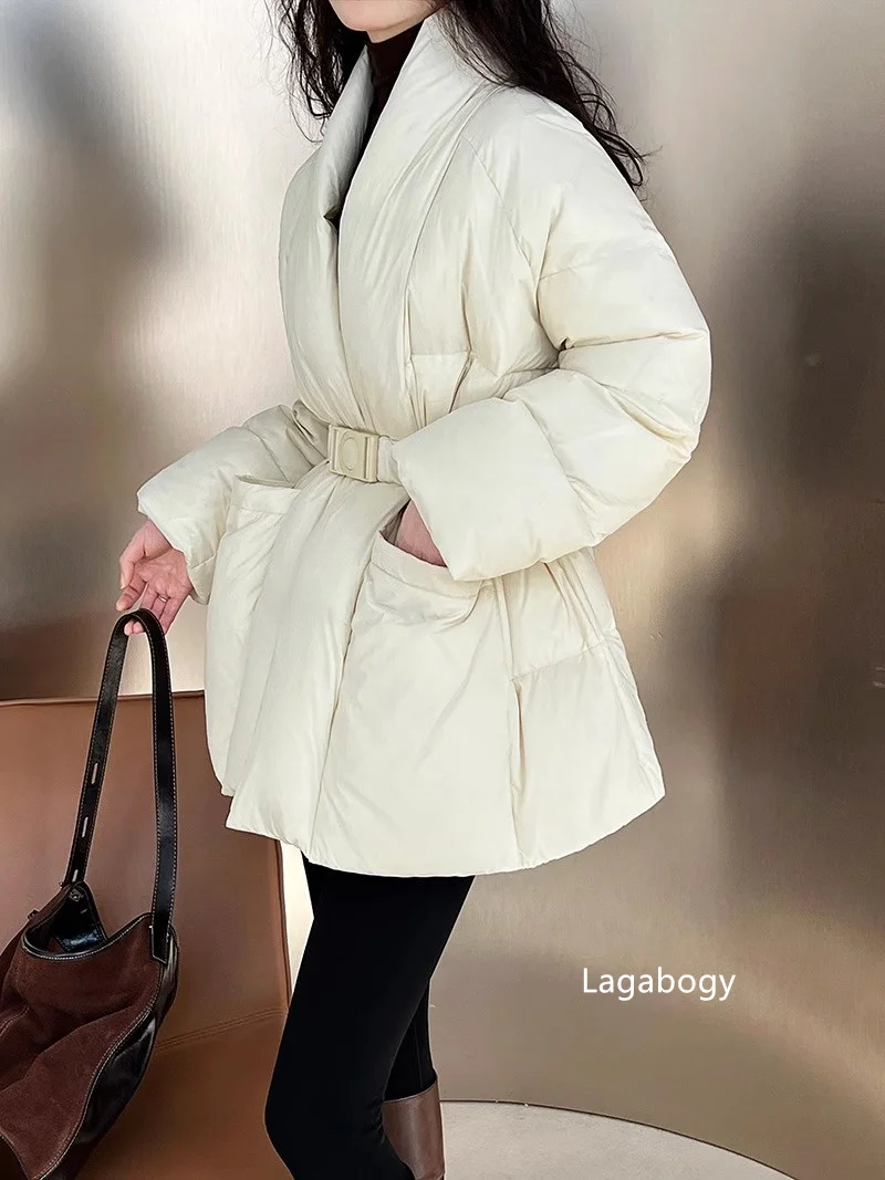 Lagabogy 2025 Winter Belt Waist-Tight Elegant Warm 90% White Duck Down Jacket Female Long Sleeve Solid Color V-neck Puffer Coat