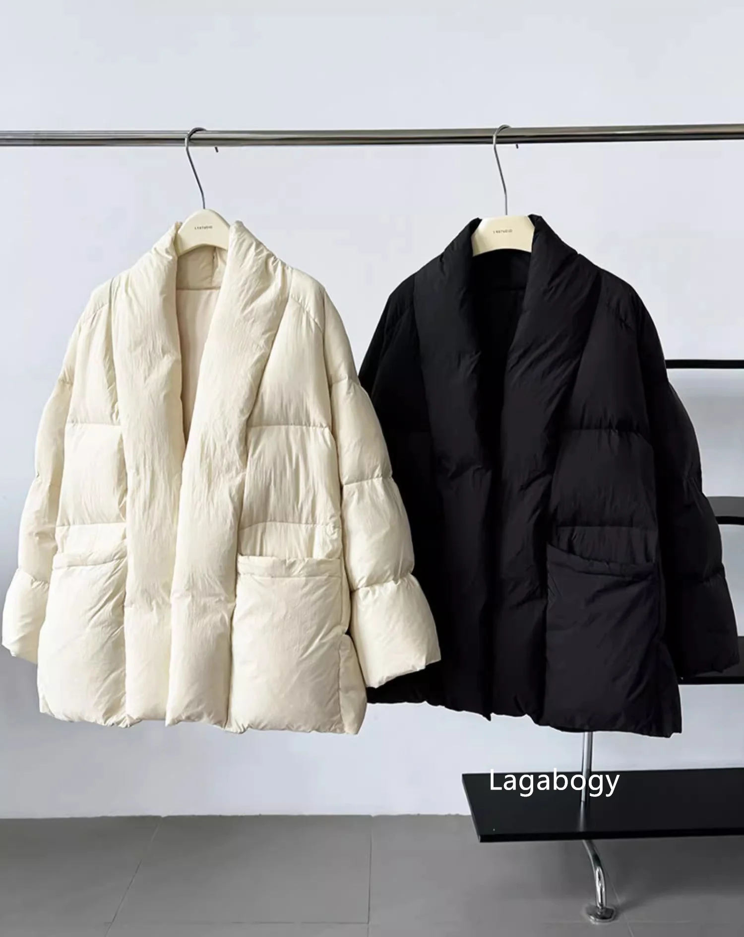 Lagabogy 2025 Winter Belt Waist-Tight Elegant Warm 90% White Duck Down Jacket Female Long Sleeve Solid Color V-neck Puffer Coat