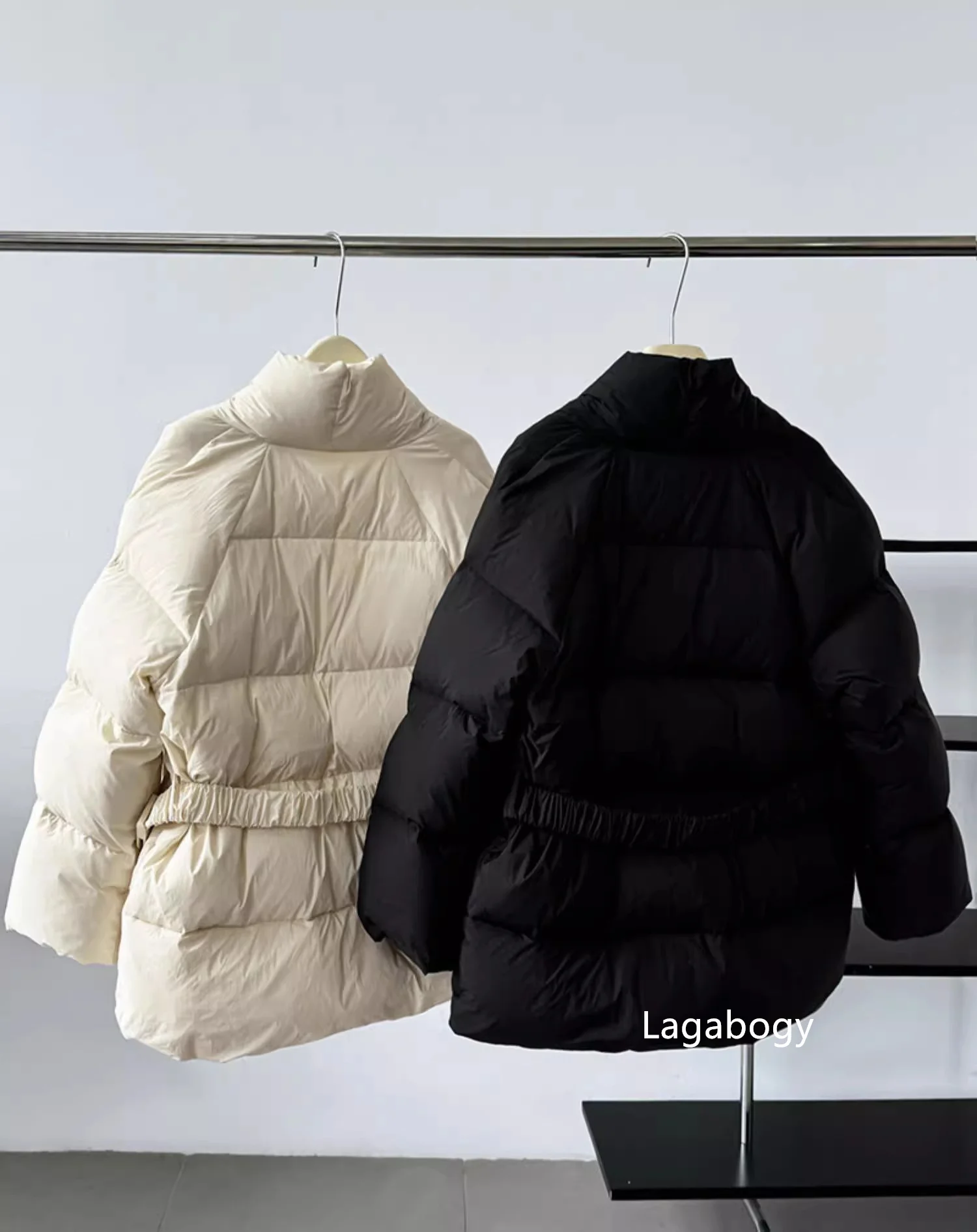 Lagabogy 2025 Winter Belt Waist-Tight Elegant Warm 90% White Duck Down Jacket Female Long Sleeve Solid Color V-neck Puffer Coat