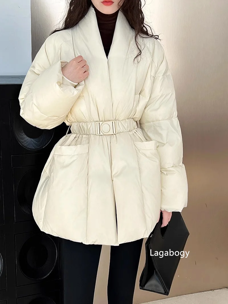 Lagabogy 2025 Winter Belt Waist-Tight Elegant Warm 90% White Duck Down Jacket Female Long Sleeve Solid Color V-neck Puffer Coat