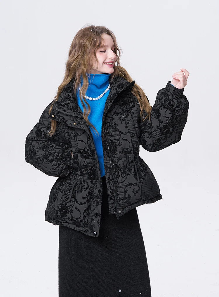 ELFSACK 2025 Puffy Down Coat Women Jacquard Embroidery Waist Gathered Gothic Royal Vintage Y2K Winter Long Puffer Jacket