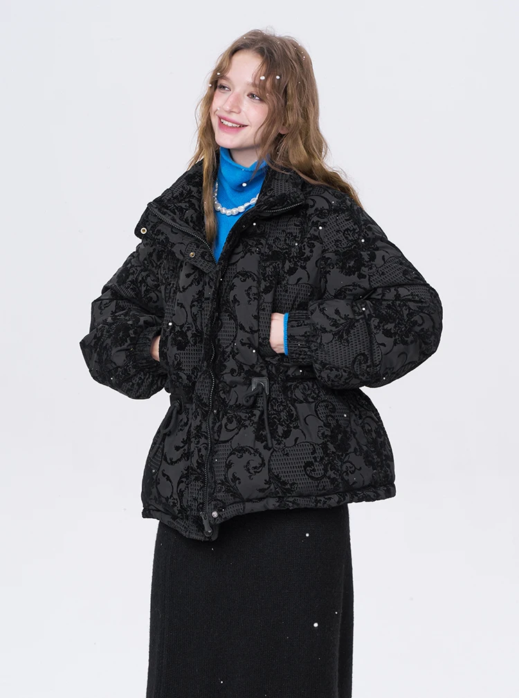 ELFSACK 2025 Puffy Down Coat Women Jacquard Embroidery Waist Gathered Gothic Royal Vintage Y2K Winter Long Puffer Jacket
