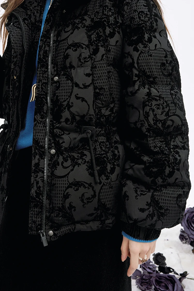 ELFSACK 2025 Puffy Down Coat Women Jacquard Embroidery Waist Gathered Gothic Royal Vintage Y2K Winter Long Puffer Jacket