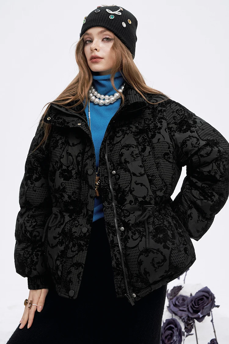 ELFSACK 2025 Puffy Down Coat Women Jacquard Embroidery Waist Gathered Gothic Royal Vintage Y2K Winter Long Puffer Jacket