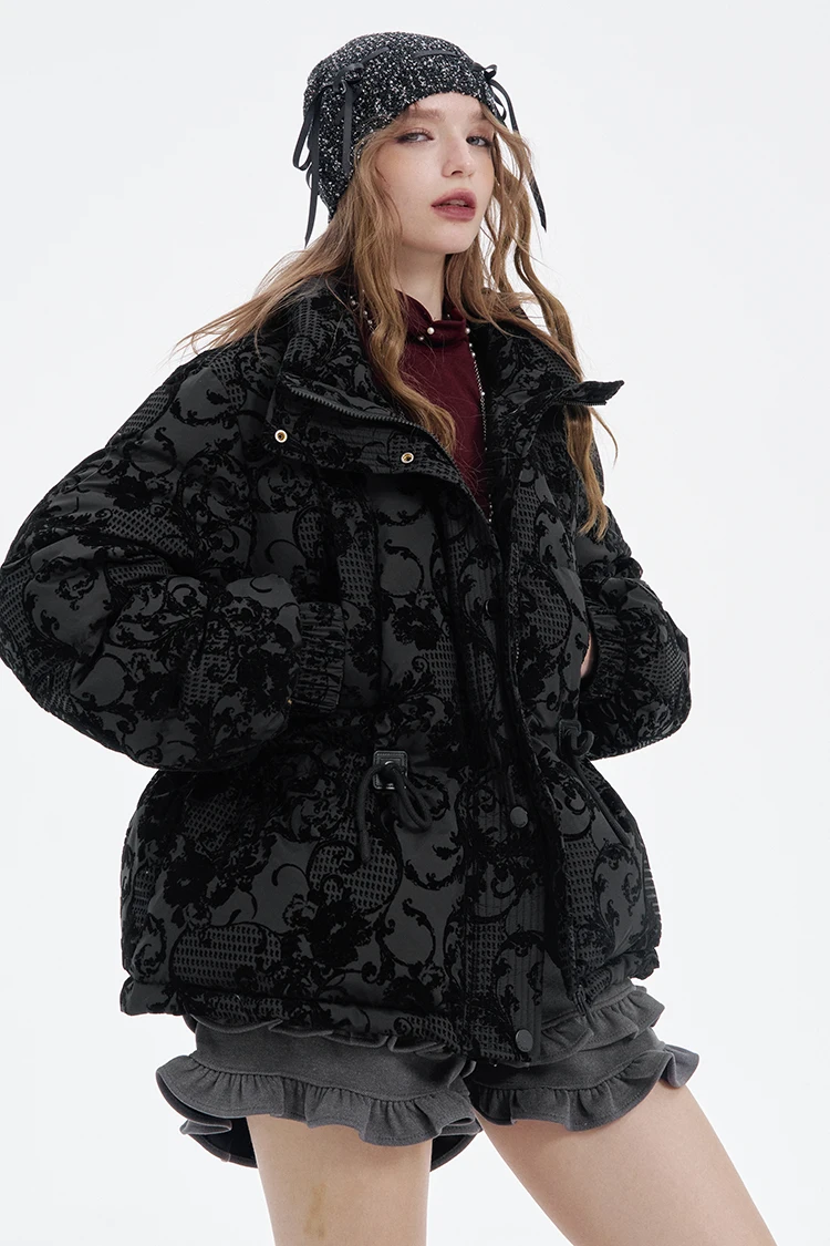 ELFSACK 2025 Puffy Down Coat Women Jacquard Embroidery Waist Gathered Gothic Royal Vintage Y2K Winter Long Puffer Jacket