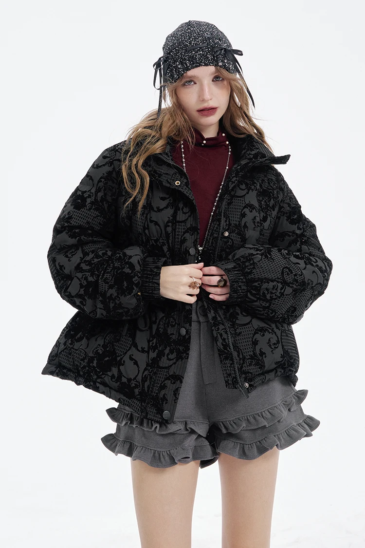 ELFSACK 2025 Puffy Down Coat Women Jacquard Embroidery Waist Gathered Gothic Royal Vintage Y2K Winter Long Puffer Jacket
