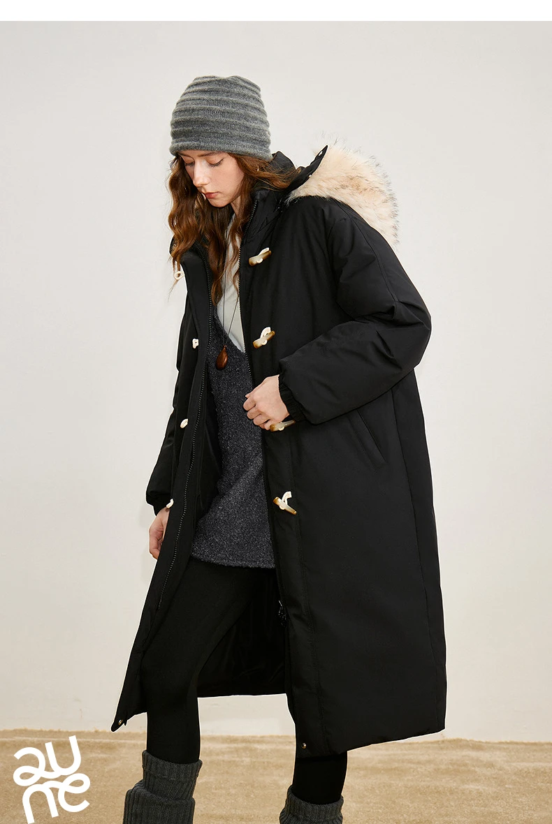TOYOUTH Women 90% Down Jacket 2025 Winter New Fur Collar Hooded Cow Horn Buckle Three-proof Long Coat
