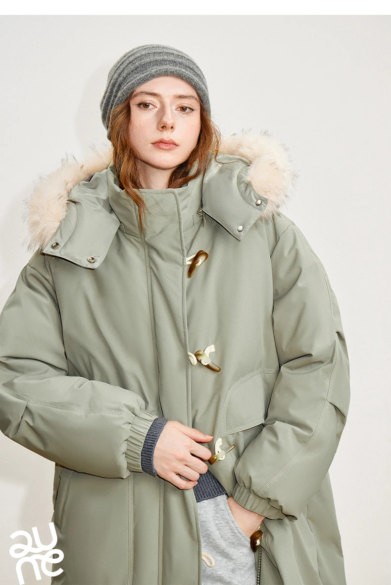 TOYOUTH Women 90% Down Jacket 2025 Winter New Fur Collar Hooded Cow Horn Buckle Three-proof Long Coat
