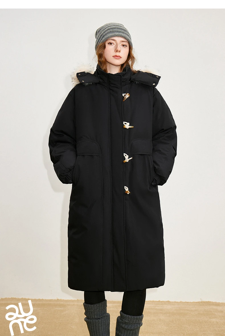 TOYOUTH Women 90% Down Jacket 2025 Winter New Fur Collar Hooded Cow Horn Buckle Three-proof Long Coat