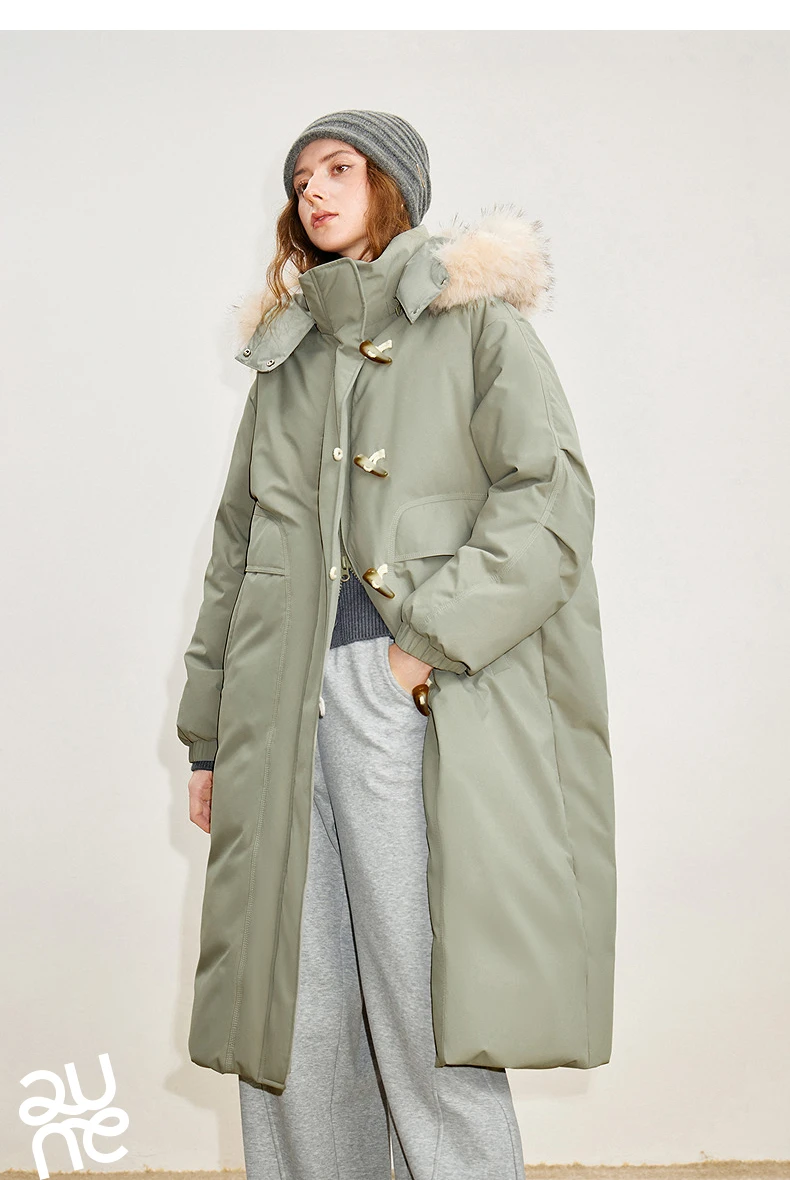 TOYOUTH Women 90% Down Jacket 2025 Winter New Fur Collar Hooded Cow Horn Buckle Three-proof Long Coat