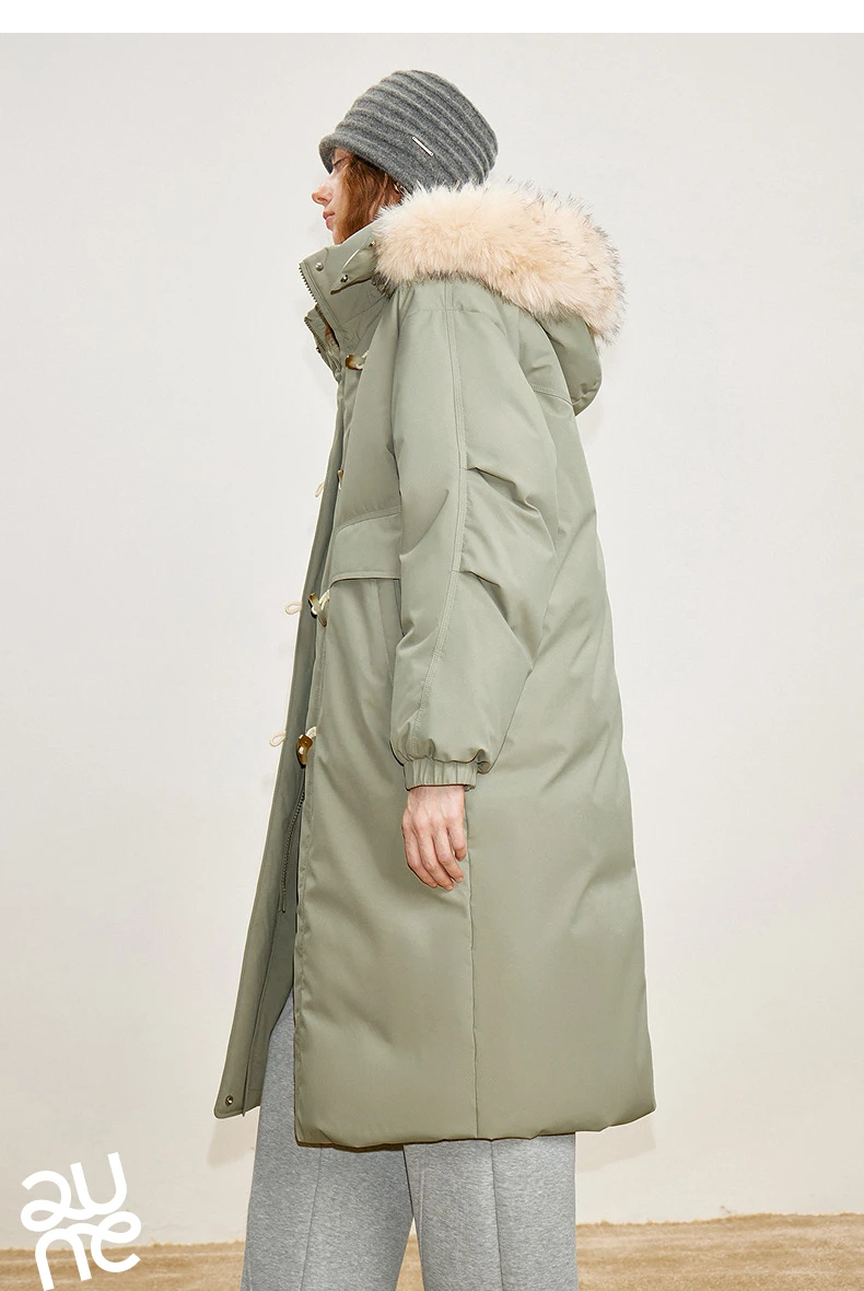 TOYOUTH Women 90% Down Jacket 2025 Winter New Fur Collar Hooded Cow Horn Buckle Three-proof Long Coat