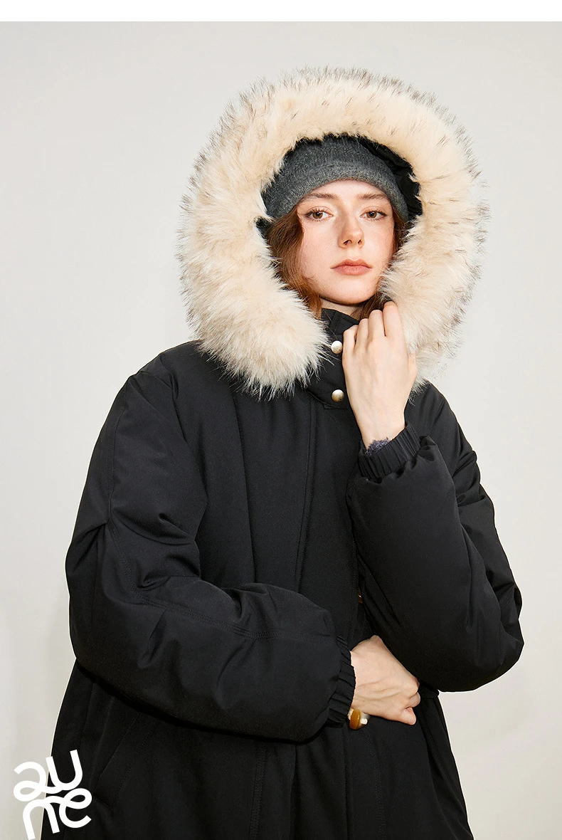 TOYOUTH Women 90% Down Jacket 2025 Winter New Fur Collar Hooded Cow Horn Buckle Three-proof Long Coat