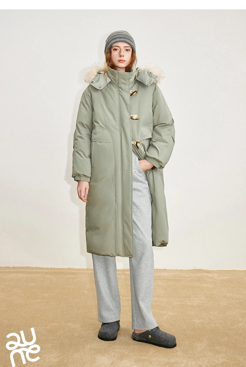TOYOUTH Women 90% Down Jacket 2025 Winter New Fur Collar Hooded Cow Horn Buckle Three-proof Long Coat