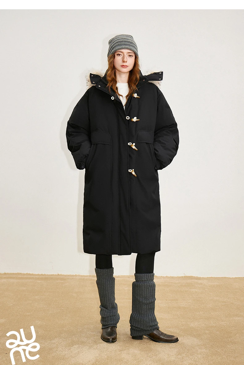 TOYOUTH Women 90% Down Jacket 2025 Winter New Fur Collar Hooded Cow Horn Buckle Three-proof Long Coat