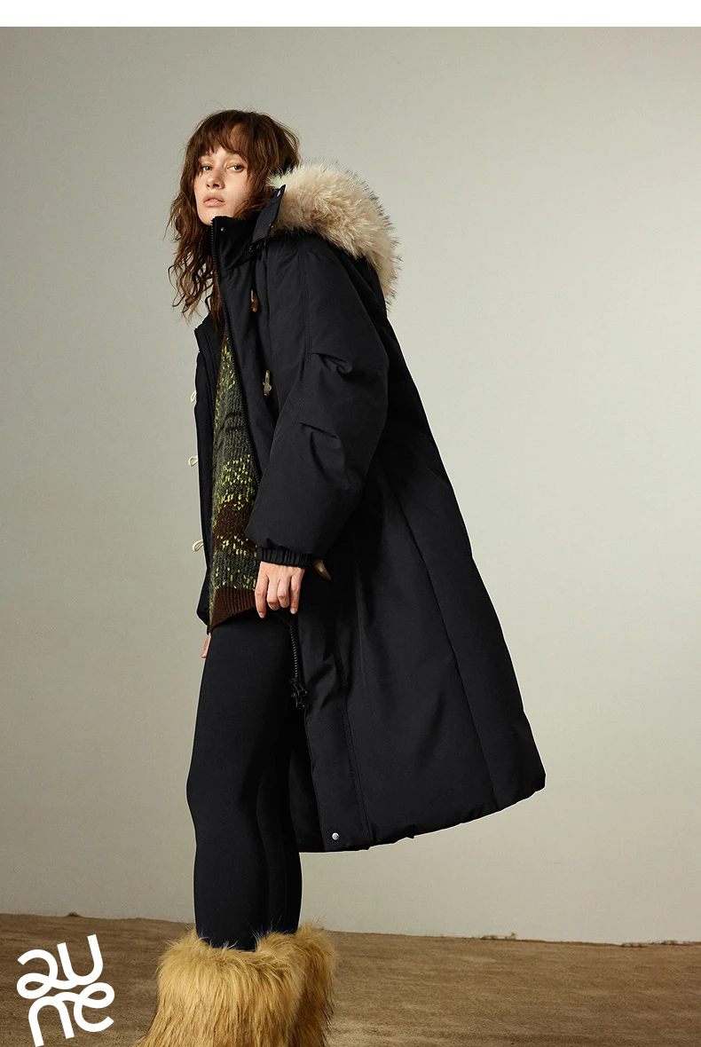 TOYOUTH Women 90% Down Jacket 2025 Winter New Fur Collar Hooded Cow Horn Buckle Three-proof Long Coat
