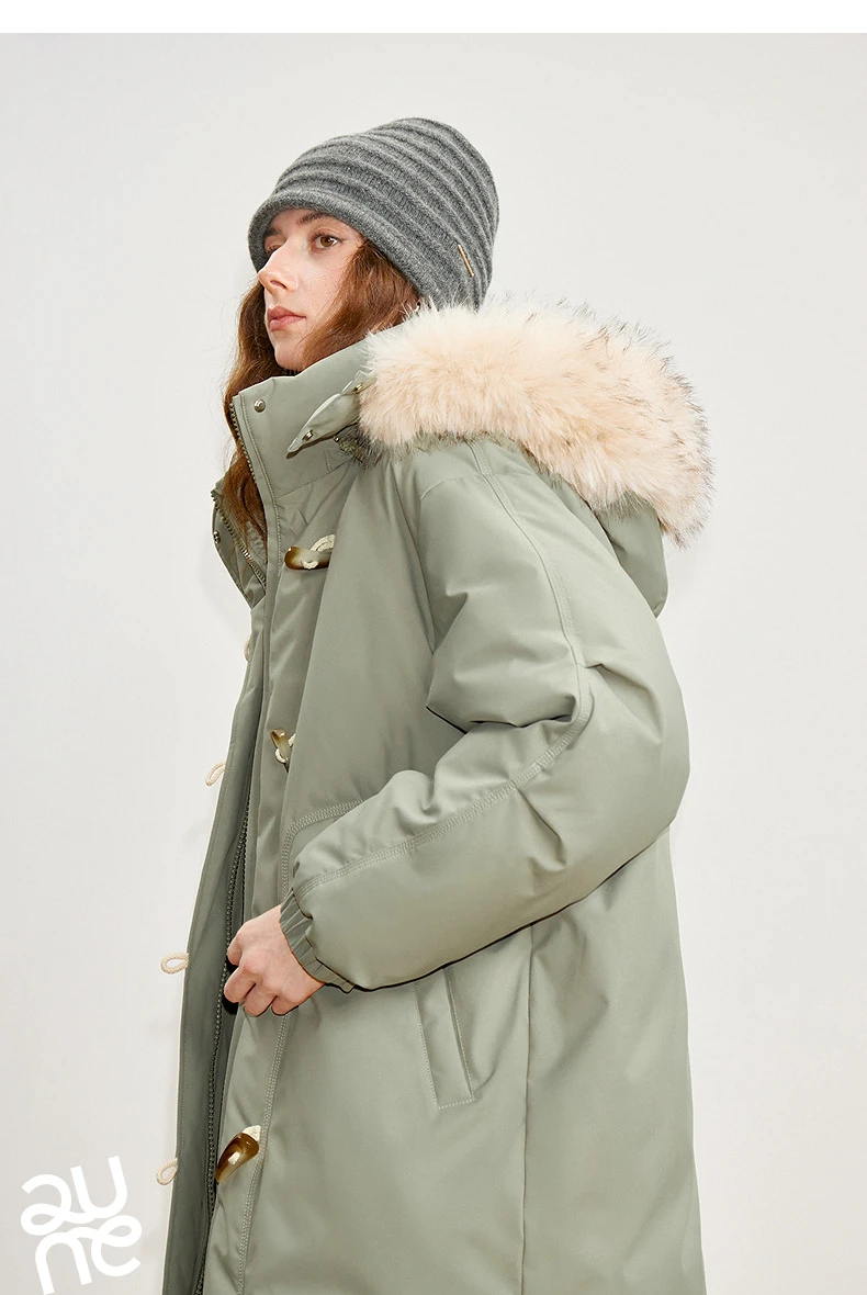 TOYOUTH Women 90% Down Jacket 2025 Winter New Fur Collar Hooded Cow Horn Buckle Three-proof Long Coat