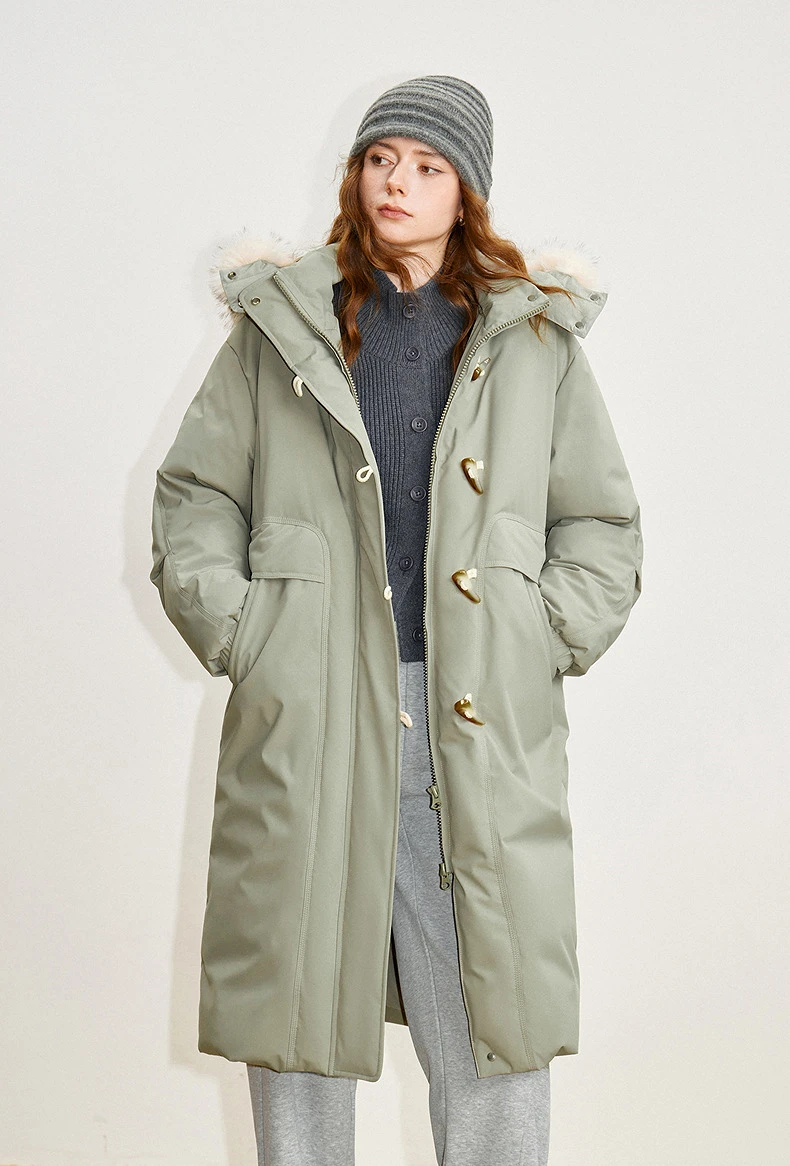 TOYOUTH Women 90% Down Jacket 2025 Winter New Fur Collar Hooded Cow Horn Buckle Three-proof Long Coat