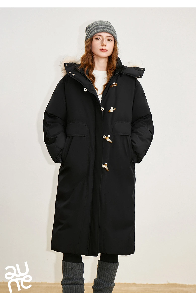 TOYOUTH Women 90% Down Jacket 2025 Winter New Fur Collar Hooded Cow Horn Buckle Three-proof Long Coat
