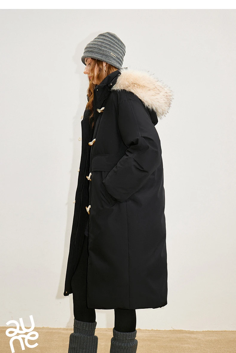 TOYOUTH Women 90% Down Jacket 2025 Winter New Fur Collar Hooded Cow Horn Buckle Three-proof Long Coat