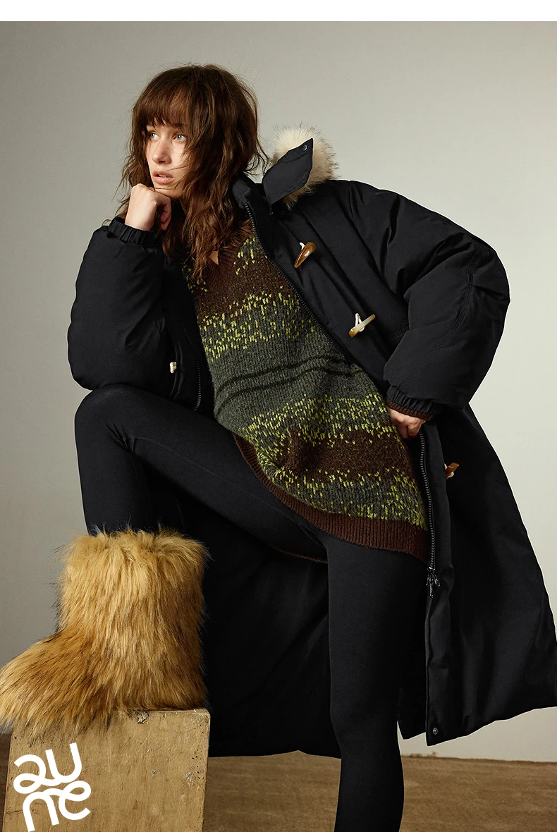 TOYOUTH Women 90% Down Jacket 2025 Winter New Fur Collar Hooded Cow Horn Buckle Three-proof Long Coat