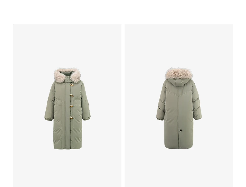 TOYOUTH Women 90% Down Jacket 2025 Winter New Fur Collar Hooded Cow Horn Buckle Three-proof Long Coat