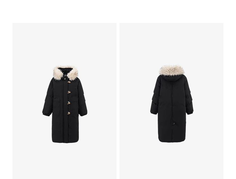 TOYOUTH Women 90% Down Jacket 2025 Winter New Fur Collar Hooded Cow Horn Buckle Three-proof Long Coat