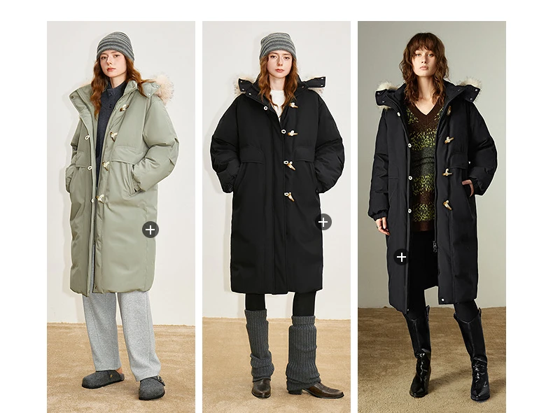 TOYOUTH Women 90% Down Jacket 2025 Winter New Fur Collar Hooded Cow Horn Buckle Three-proof Long Coat
