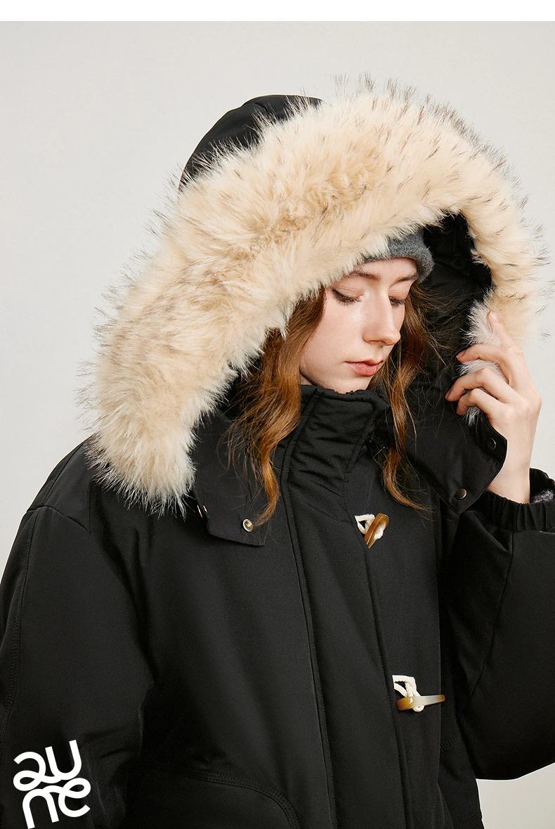 TOYOUTH Women 90% Down Jacket 2025 Winter New Fur Collar Hooded Cow Horn Buckle Three-proof Long Coat
