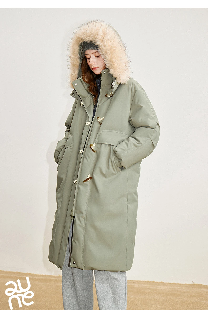 TOYOUTH Women 90% Down Jacket 2025 Winter New Fur Collar Hooded Cow Horn Buckle Three-proof Long Coat