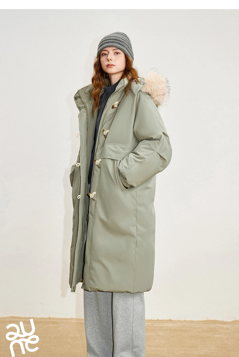 TOYOUTH Women 90% Down Jacket 2025 Winter New Fur Collar Hooded Cow Horn Buckle Three-proof Long Coat