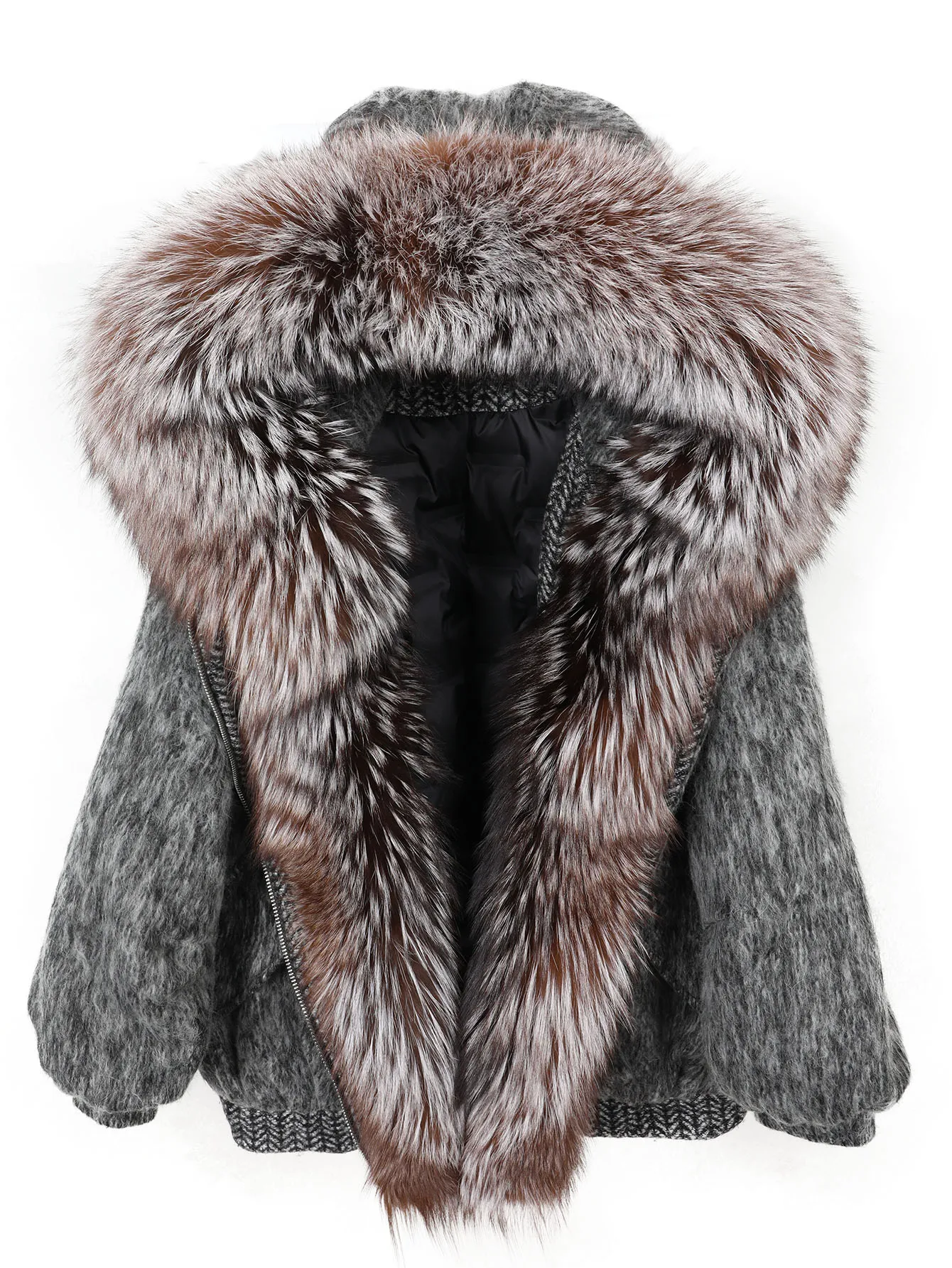 Maomaokong high-end Wool fabric Luxury Women's Big Fox Fur Collar Puffer Jacket Natural Fur down Coat Winter Thickened Warm