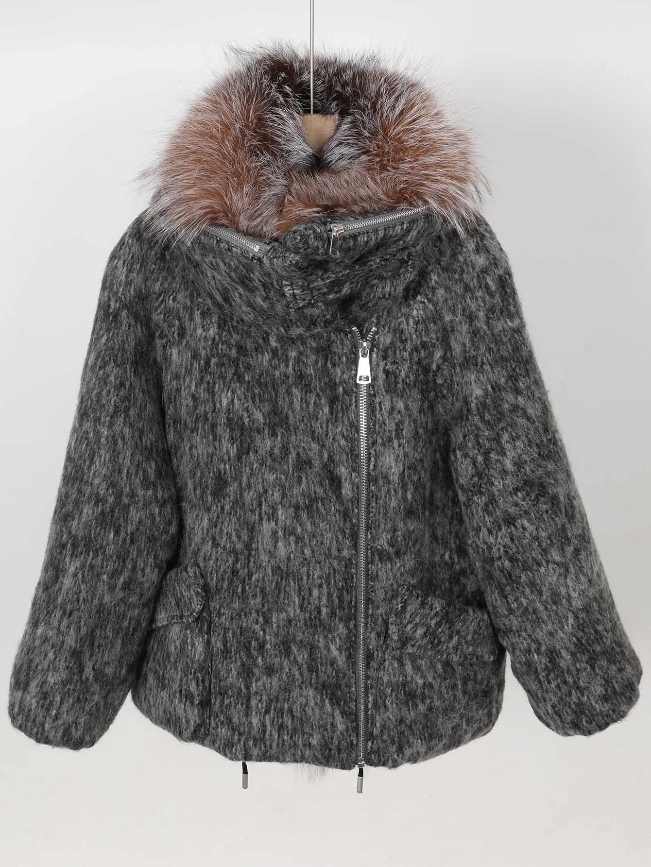 Maomaokong high-end Wool fabric Luxury Women's Big Fox Fur Collar Puffer Jacket Natural Fur down Coat Winter Thickened Warm