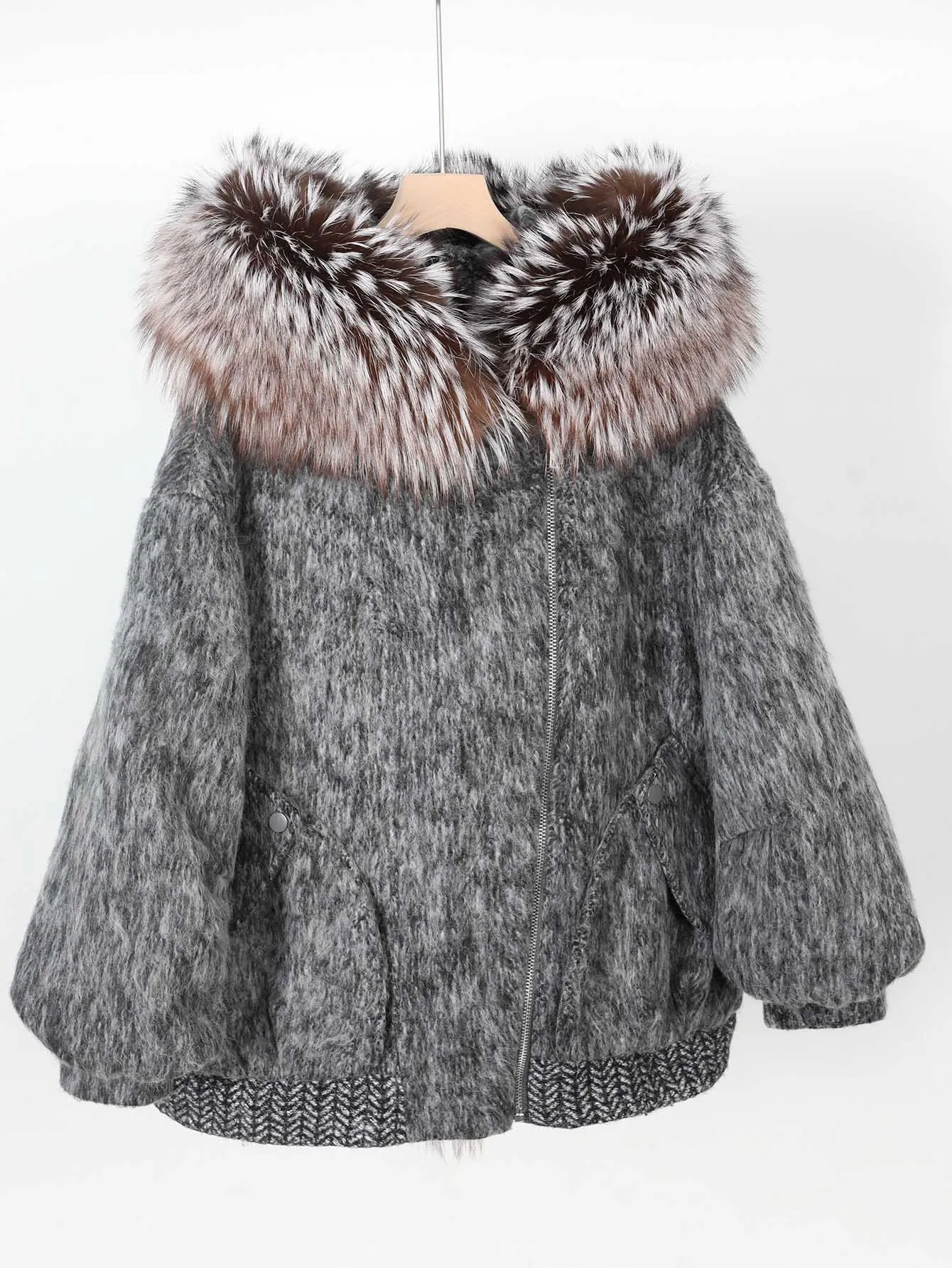 Maomaokong high-end Wool fabric Luxury Women's Big Fox Fur Collar Puffer Jacket Natural Fur down Coat Winter Thickened Warm
