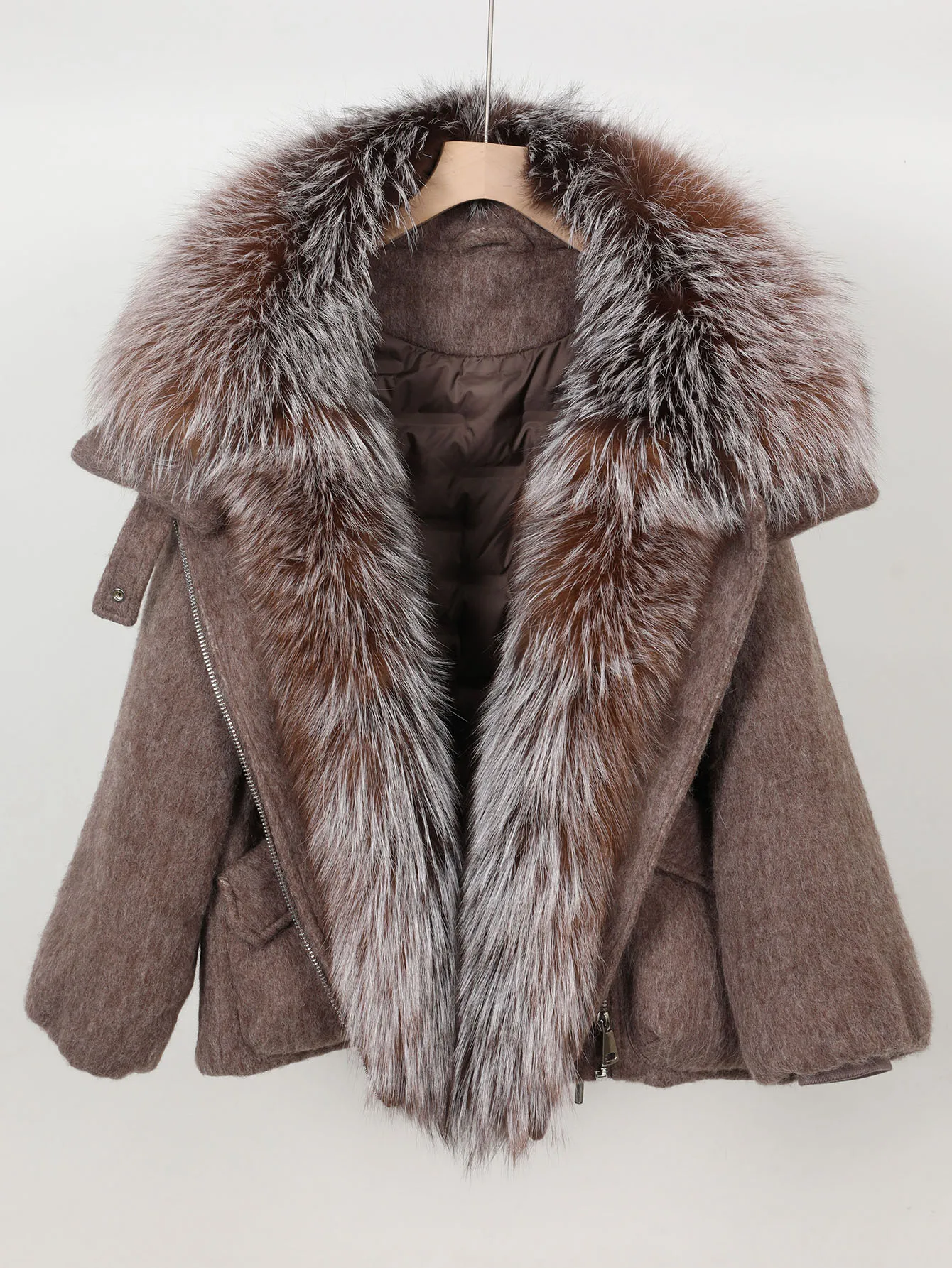 Maomaokong high-end Wool fabric Luxury Women's Big Fox Fur Collar Puffer Jacket Natural Fur down Coat Winter Thickened Warm