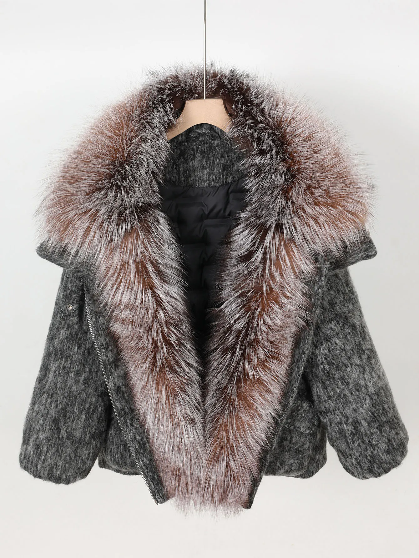 Maomaokong high-end Wool fabric Luxury Women's Big Fox Fur Collar Puffer Jacket Natural Fur down Coat Winter Thickened Warm