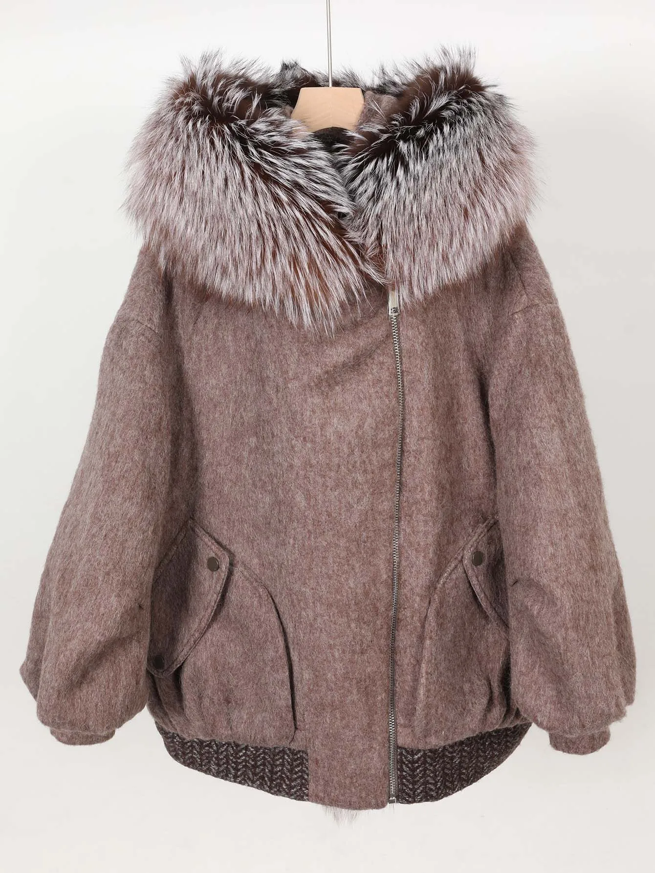 Maomaokong high-end Wool fabric Luxury Women's Big Fox Fur Collar Puffer Jacket Natural Fur down Coat Winter Thickened Warm