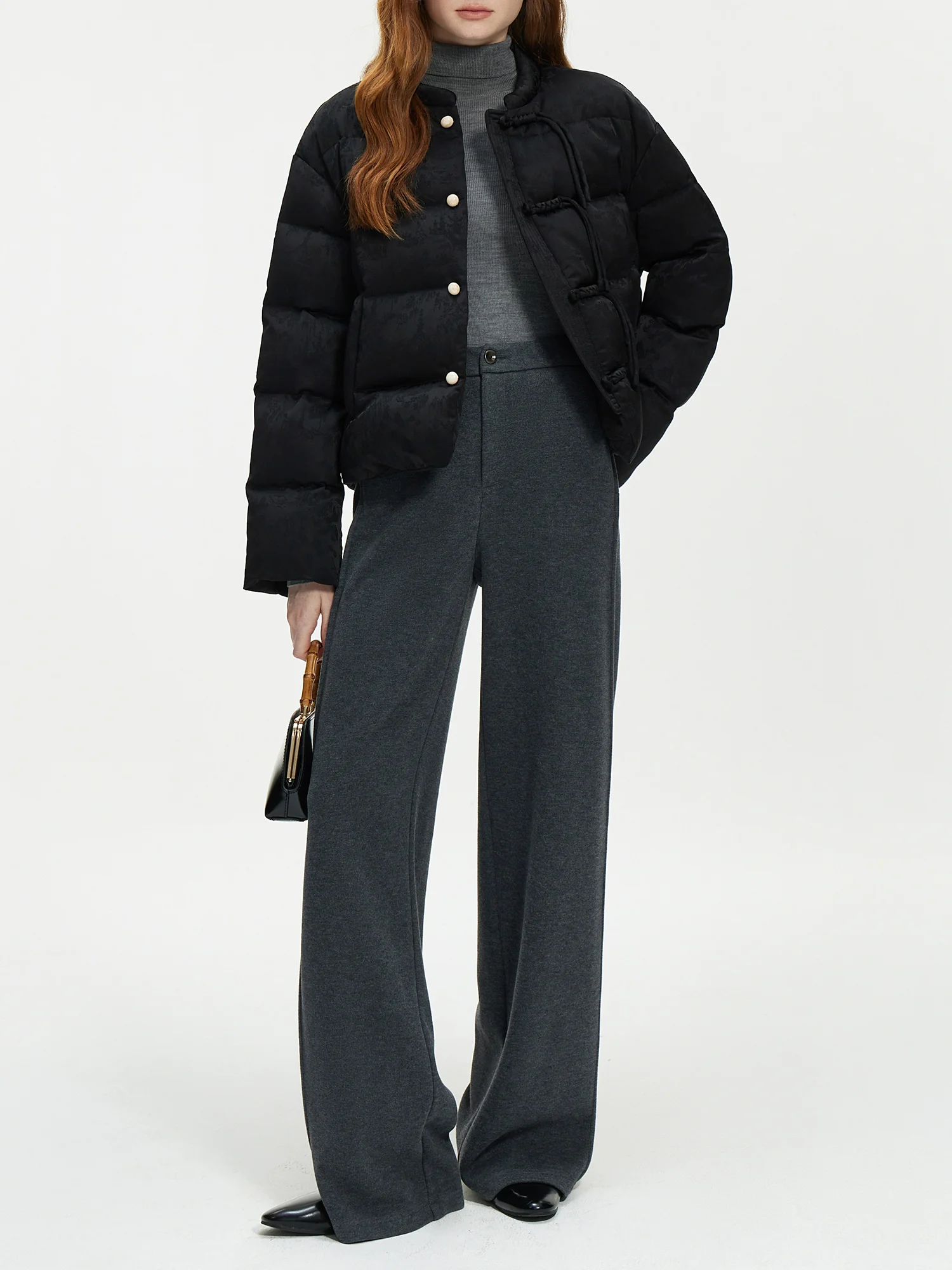 FSLE 115.2G Filling Amount Stand-up Collar New Chinese Style Down Coat For Women 2024 New Jacquard Warm Casual Jacket 24FS14068