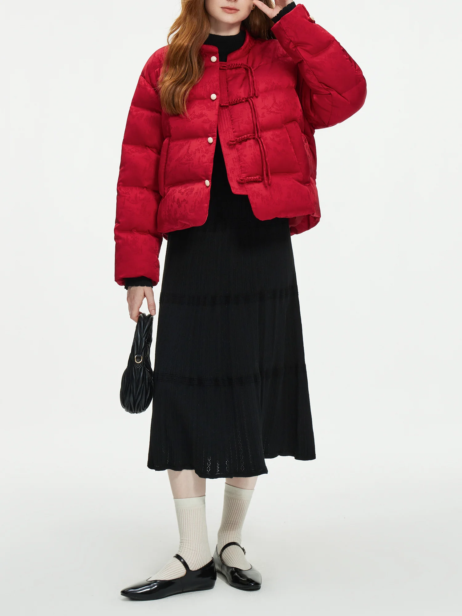 FSLE 115.2G Filling Amount Stand-up Collar New Chinese Style Down Coat For Women 2024 New Jacquard Warm Casual Jacket 24FS14068