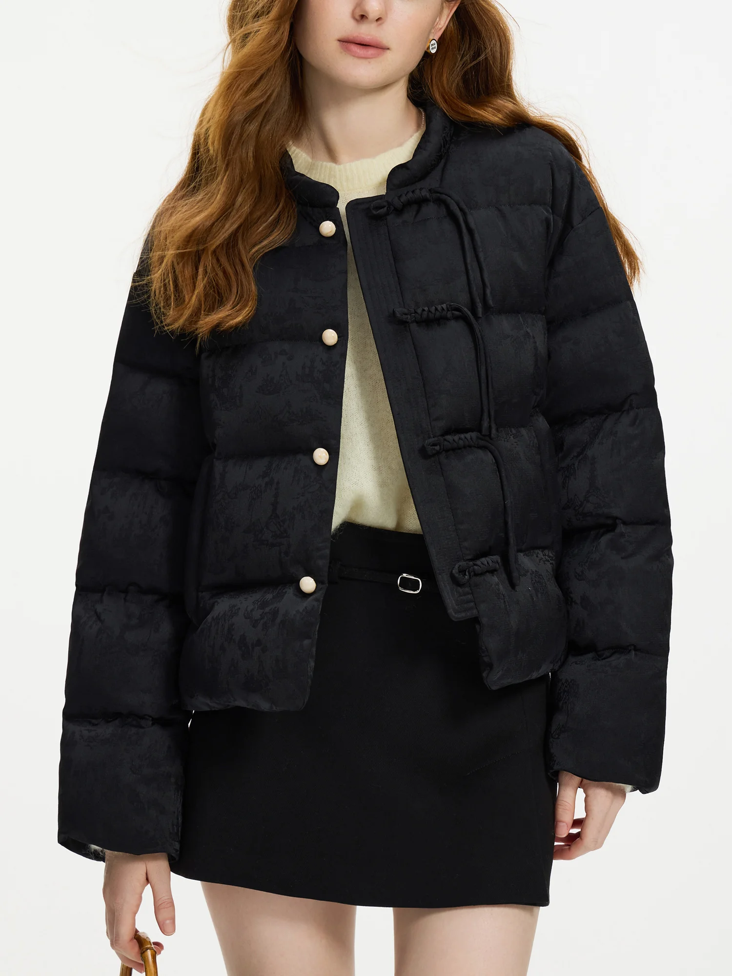 FSLE 115.2G Filling Amount Stand-up Collar New Chinese Style Down Coat For Women 2024 New Jacquard Warm Casual Jacket 24FS14068