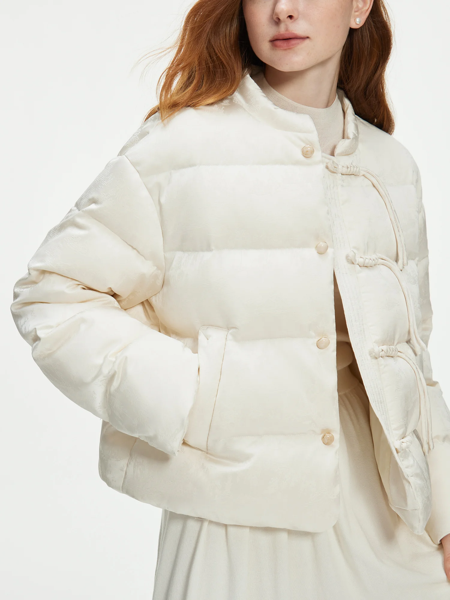 FSLE 115.2G Filling Amount Stand-up Collar New Chinese Style Down Coat For Women 2024 New Jacquard Warm Casual Jacket 24FS14068